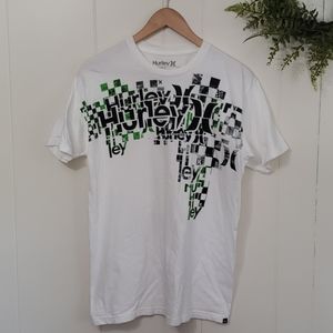 White Hurley Short Sleeve Tee Mens Moto Type Graphic In Black & Green Sk8r Punk